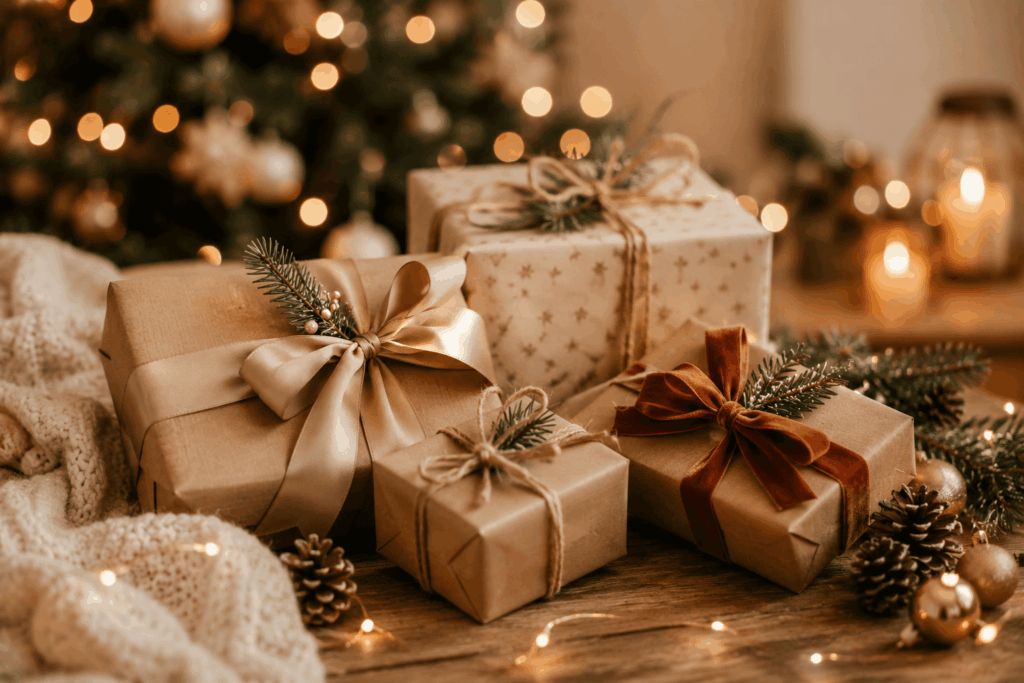 Liebevoll verpackte Weihnachtsgeschenke vor einem festlich beleuchteten Weihnachtsbaum als Symbol für eine entspannte und gut vorbereitete Weihnachtszeit.