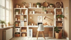 Aufgeräumter, minimalistischer Wohnbereich mit hellen Möbeln, ordentlichen Regalen und gemütlicher Atmosphäre.
