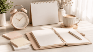 Zeitmanagement-Methoden im Alltag symbolisiert durch Wecker, leere Notizzettel, offenen Planer, Stift und Kaffeetasse auf einem hellen Schreibtisch.